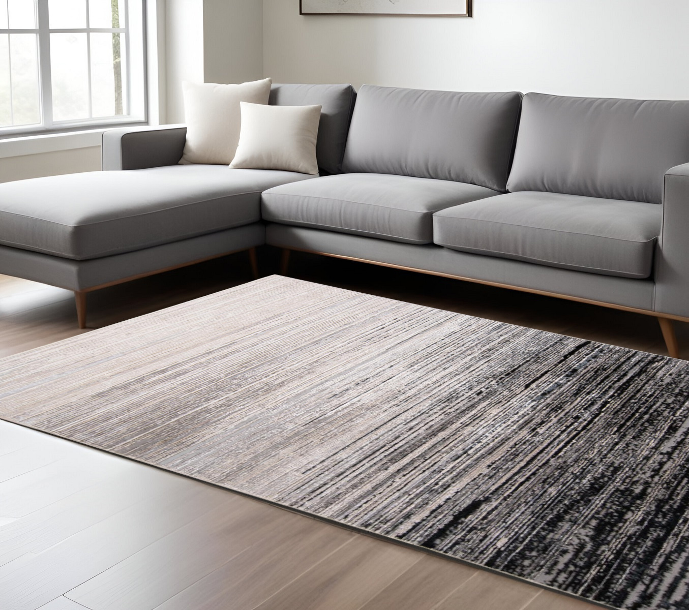 8" X 10" Beige and Black Abstract Non Skid Area Rug