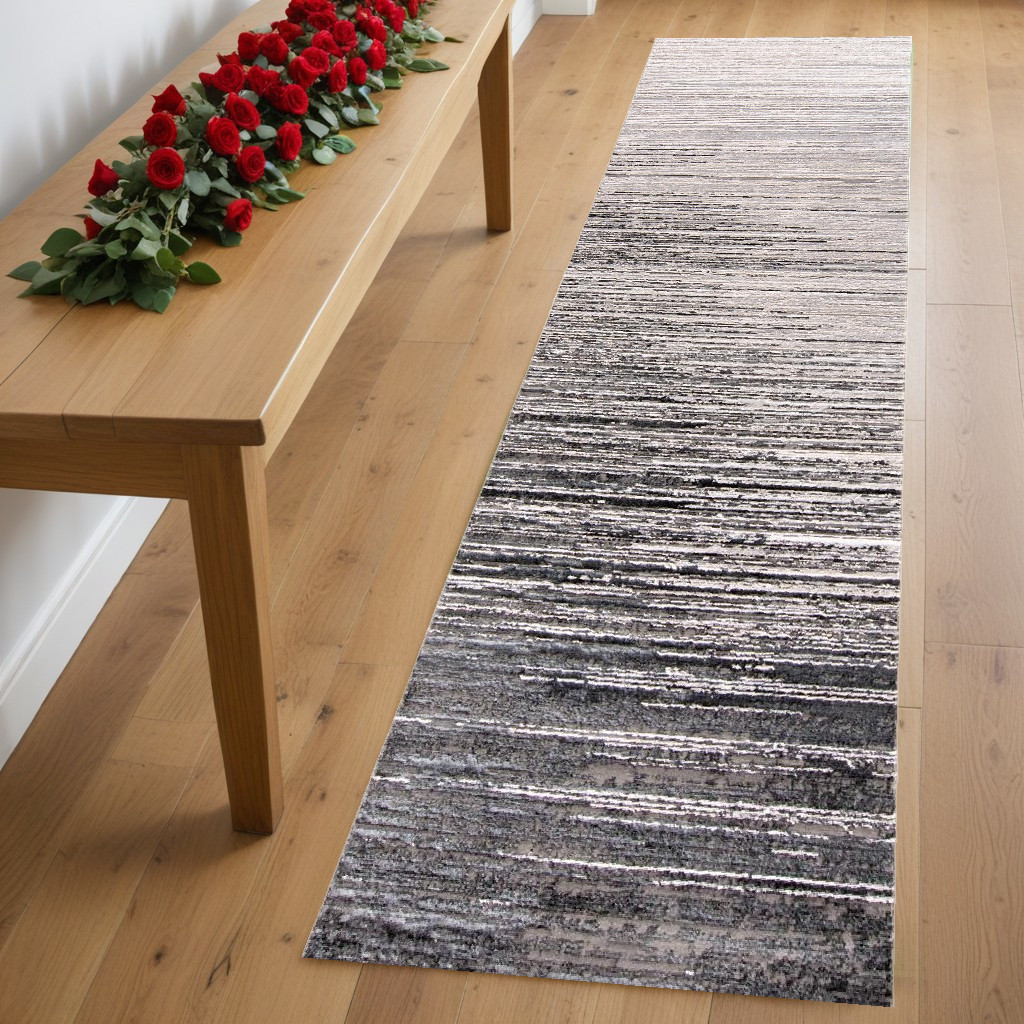 8" Runner Black Silver and Gray Abstract Runner Rug