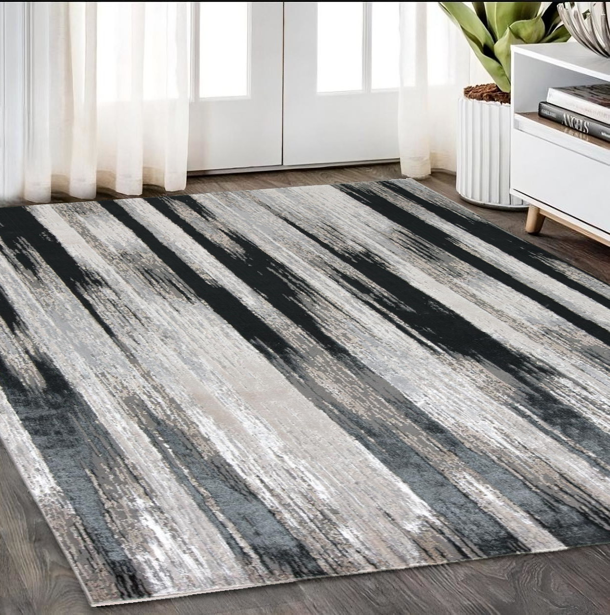 5" X 8" Black Silver and Gray Abstract Power Loom Area Rug