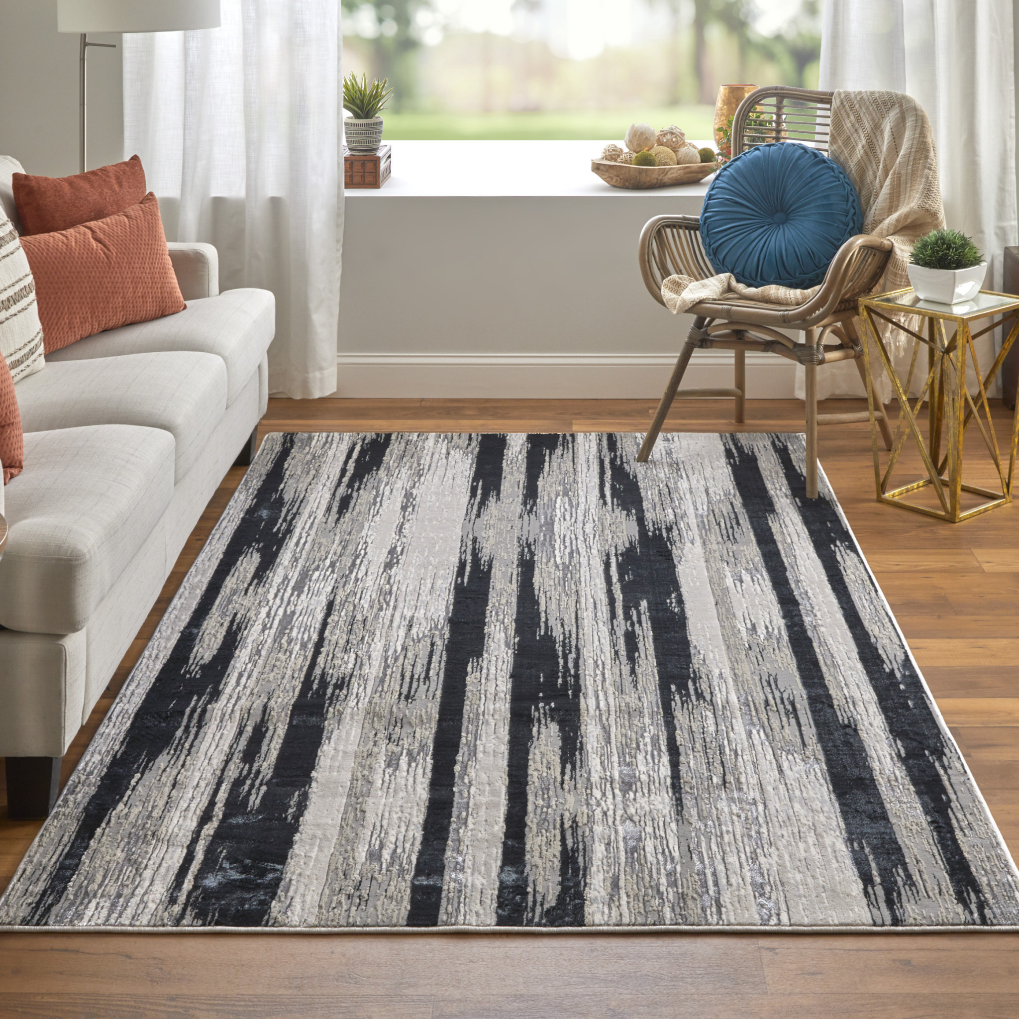 7" X 10" Black Silver and Gray Abstract Power Loom Area Rug
