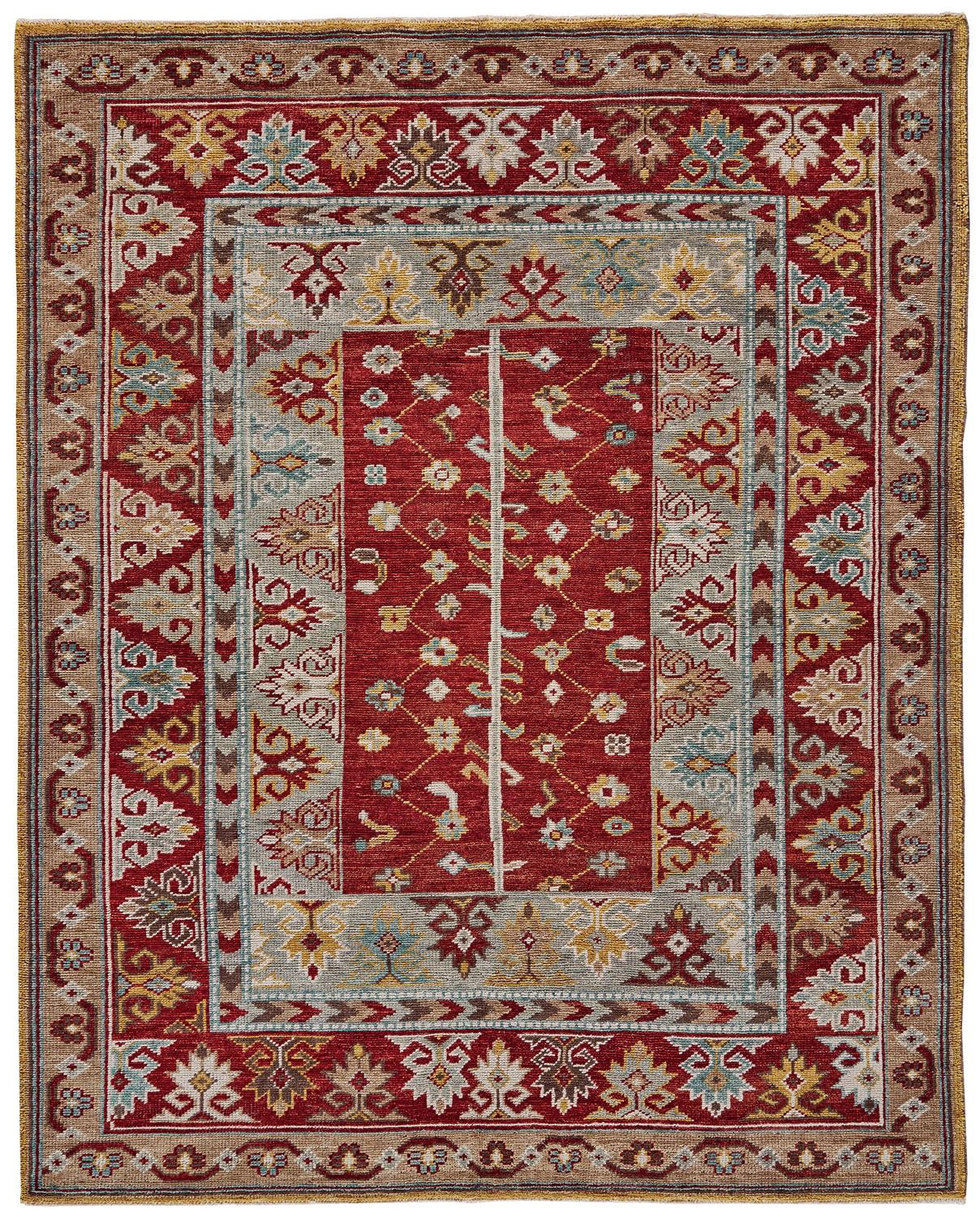 8' X 10' Red Blue And Brown Wool Floral Hand Knotted Distressed Stain Resistant Area Rug With Fringe-511606-1