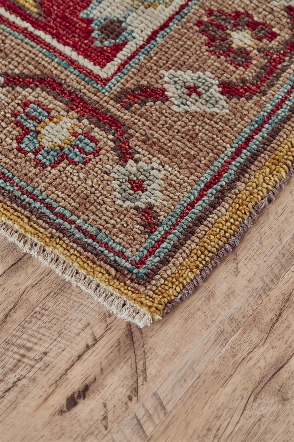 2 X 3 Red Blue And Brown Wool Floral Hand Knotted Distressed Stain Resistant Area Rug With Fringe