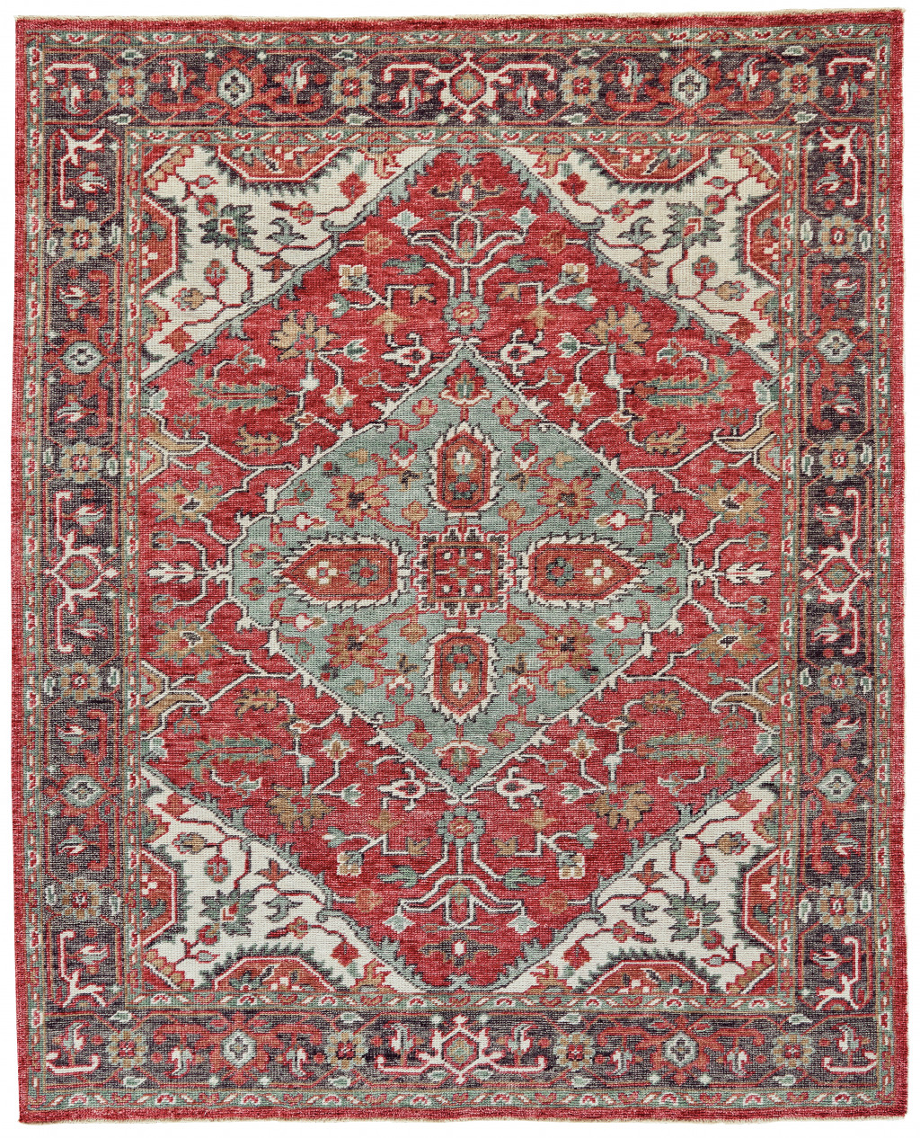 5' X 8' Red Gray And Ivory Wool Floral Hand Knotted Distressed Stain Resistant Area Rug With Fringe-511617-1