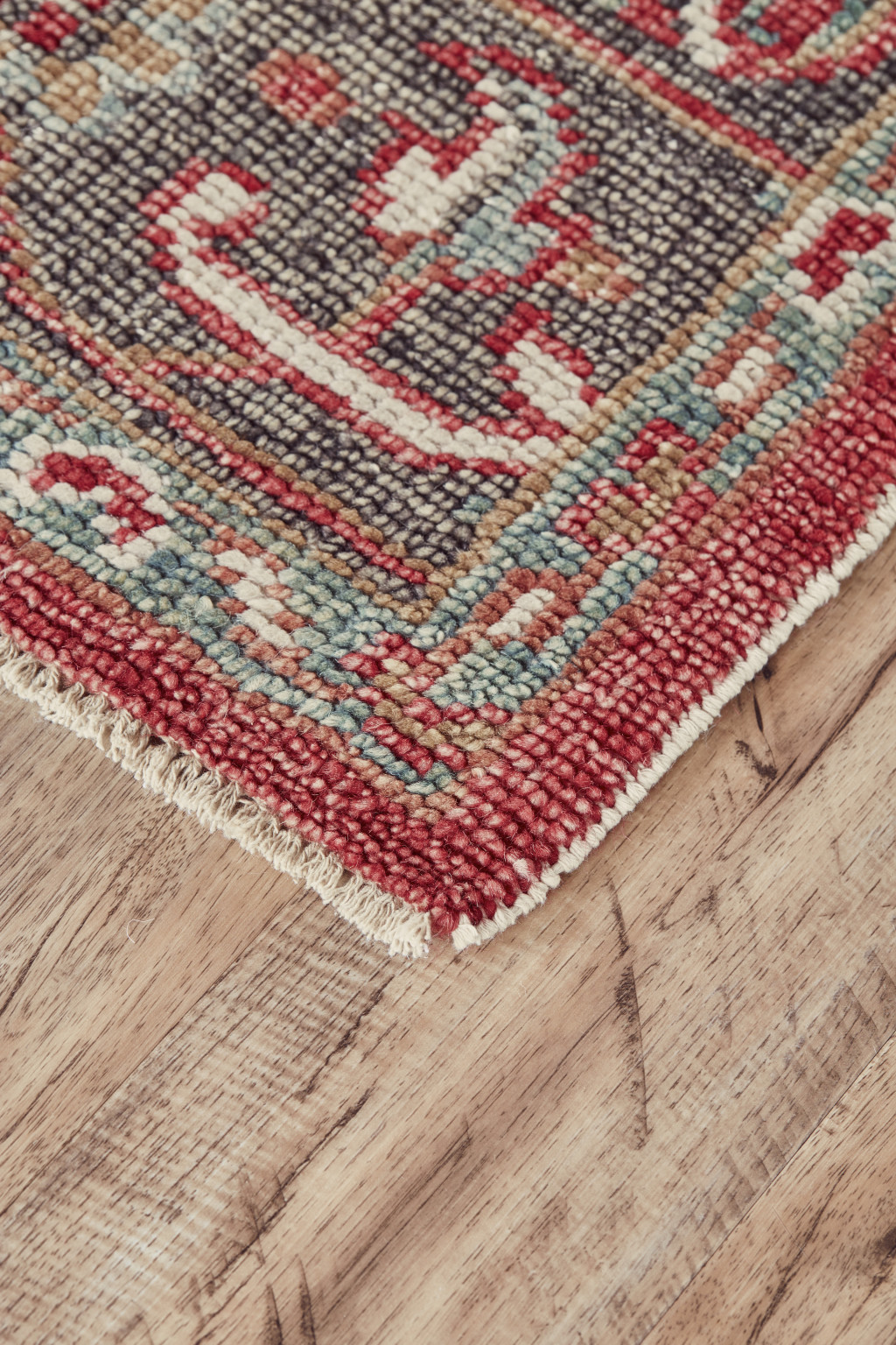 2 X 3 Red gray And Ivory Wool Floral Hand Knotted Distressed Stain Resistant Area Rug With Fringe