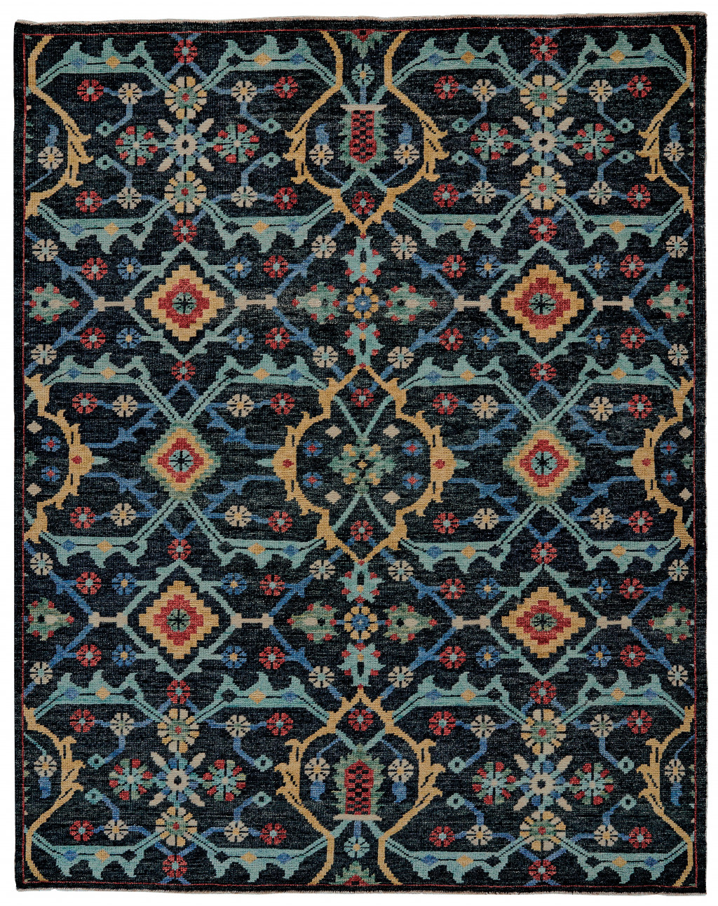 2 X 3 Blue Yellow And Red Wool Floral Hand Knotted Distressed Stain Resistant Area Rug With Fringe