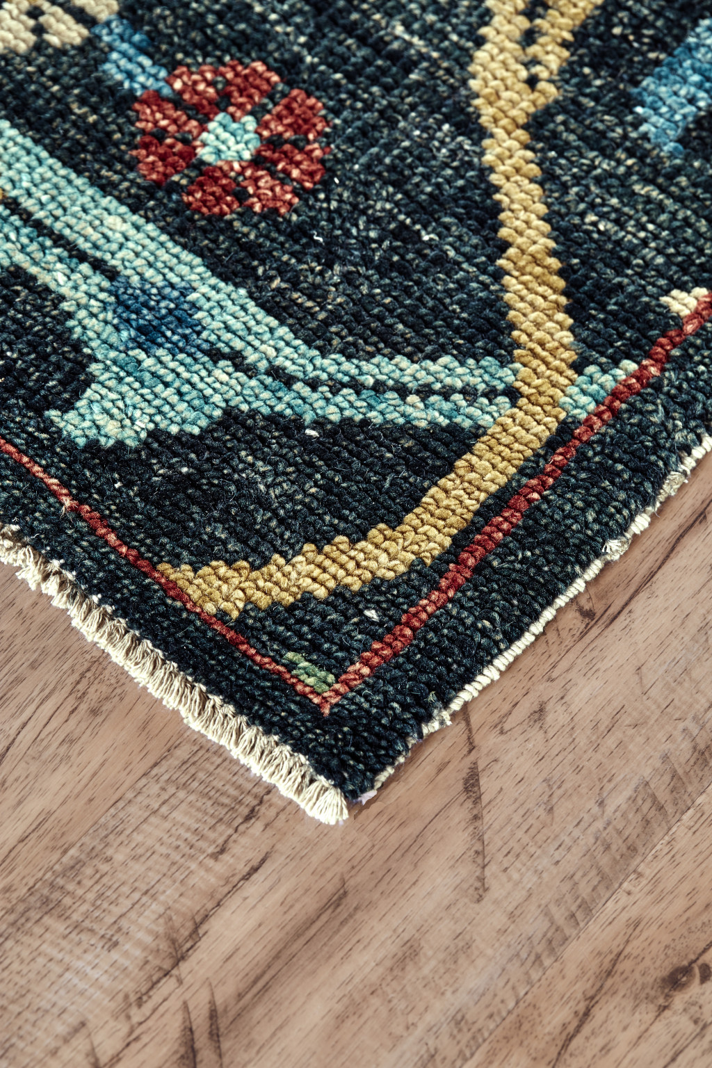2 X 3 Blue Yellow And Red Wool Floral Hand Knotted Distressed Stain Resistant Area Rug With Fringe