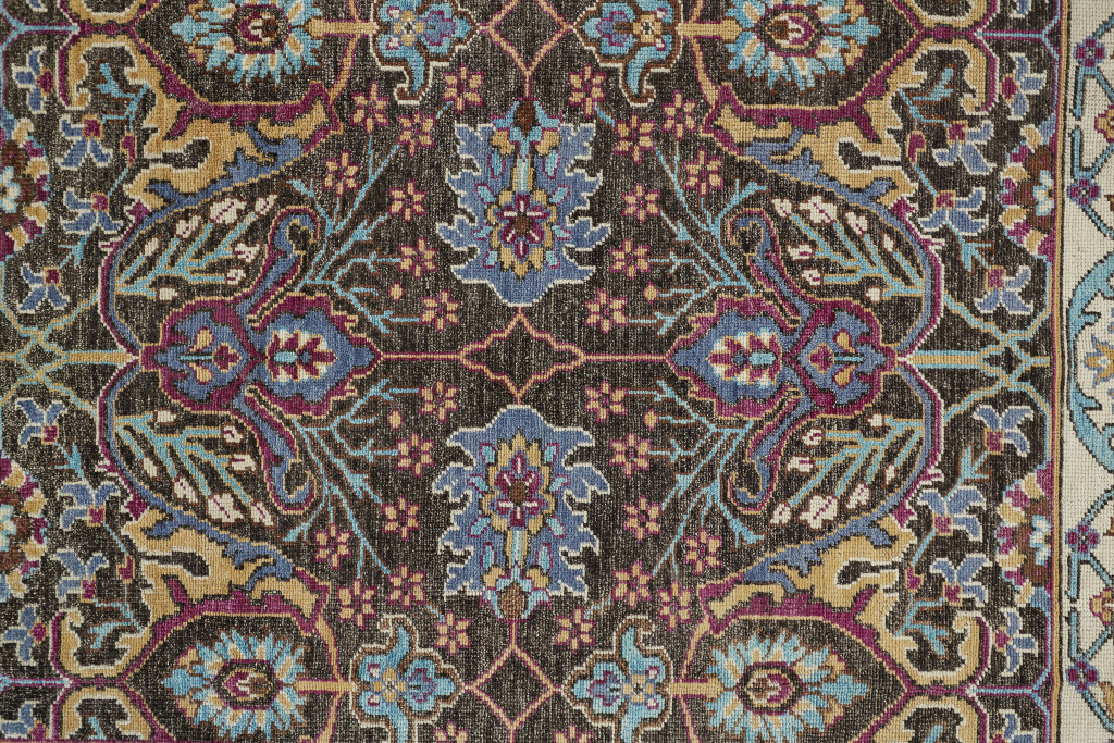 2 X 3 Ivory Brown And Blue Wool Floral Hand Knotted Distressed Stain Resistant Area Rug With Fringe