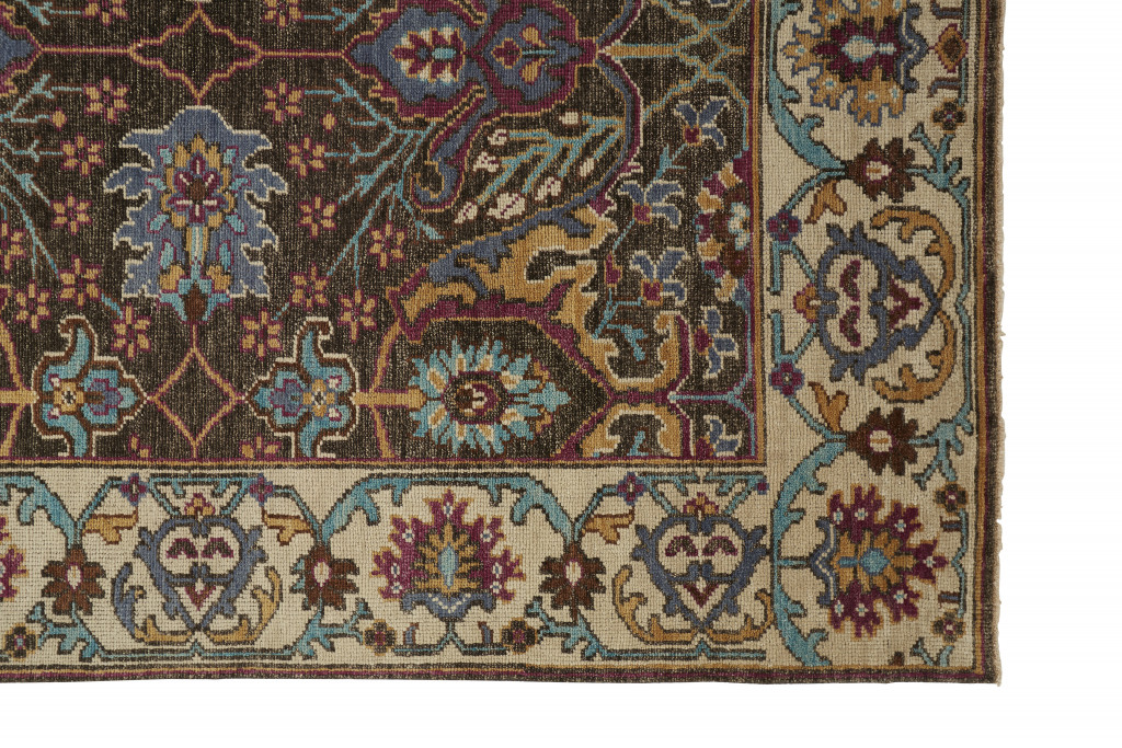 2 X 3 Ivory Brown And Blue Wool Floral Hand Knotted Distressed Stain Resistant Area Rug With Fringe