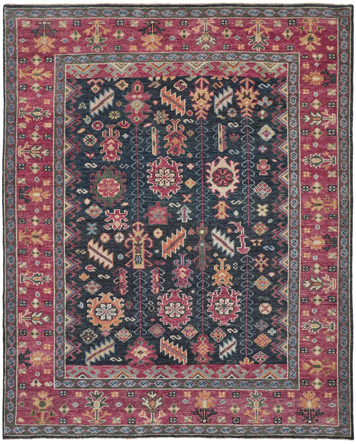 8' X 10' Pink Blue And Orange Wool Floral Hand Knotted Distressed Stain Resistant Area Rug With Fringe-511645-1