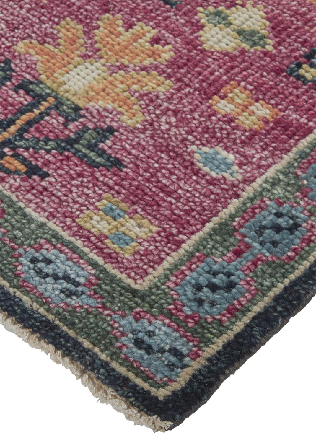 2 X 3 Pink Blue And Orange Wool Floral Hand Knotted Distressed Stain Resistant Area Rug With Fringe