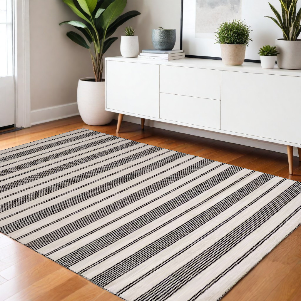 4" X 6" Black And White Striped Dhurrie Hand Woven Stain Resistant Area Rug