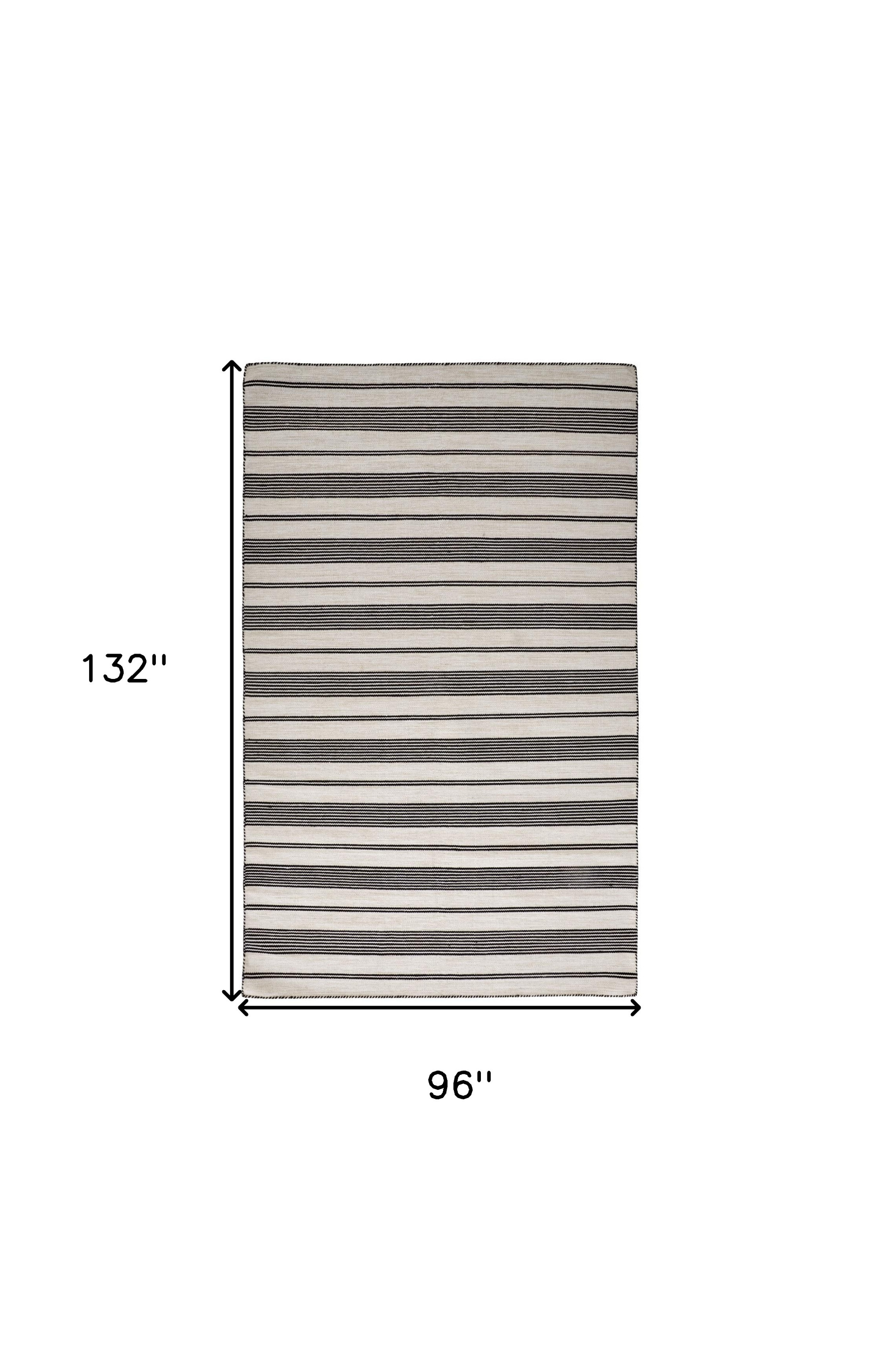 8" X 11" Black And White Striped Dhurrie Hand Woven Stain Resistant Area Rug