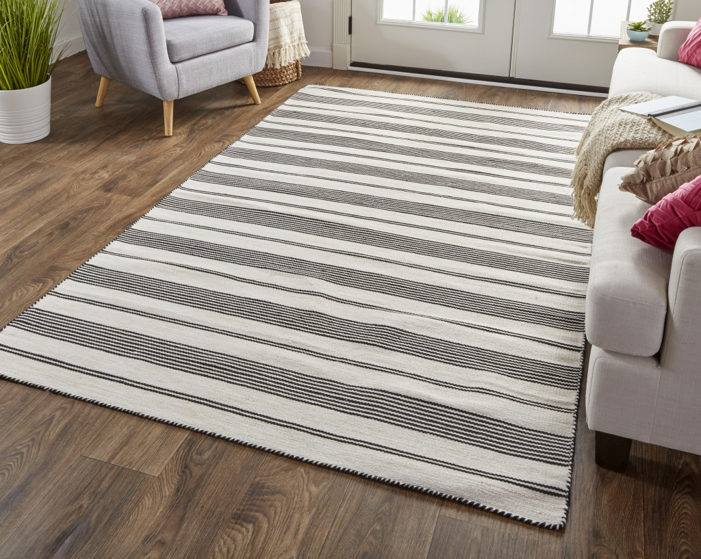 10 X 14 Black And White Striped Dhurrie Hand Woven Stain Resistant Area Rug