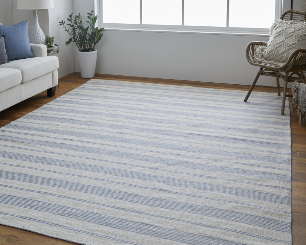 4 X 6 Blue Ivory And Tan Striped Dhurrie Hand Woven Stain Resistant Area Rug