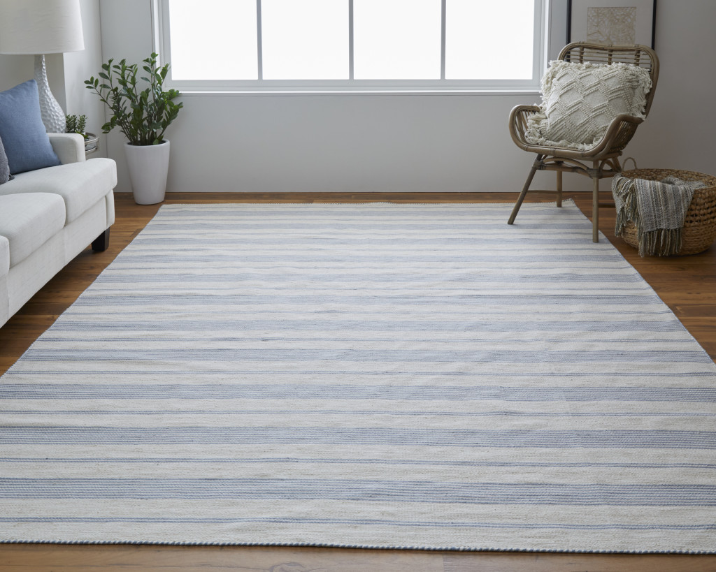 5" X 8" Blue Ivory And Tan Striped Dhurrie Hand Woven Stain Resistant Area Rug