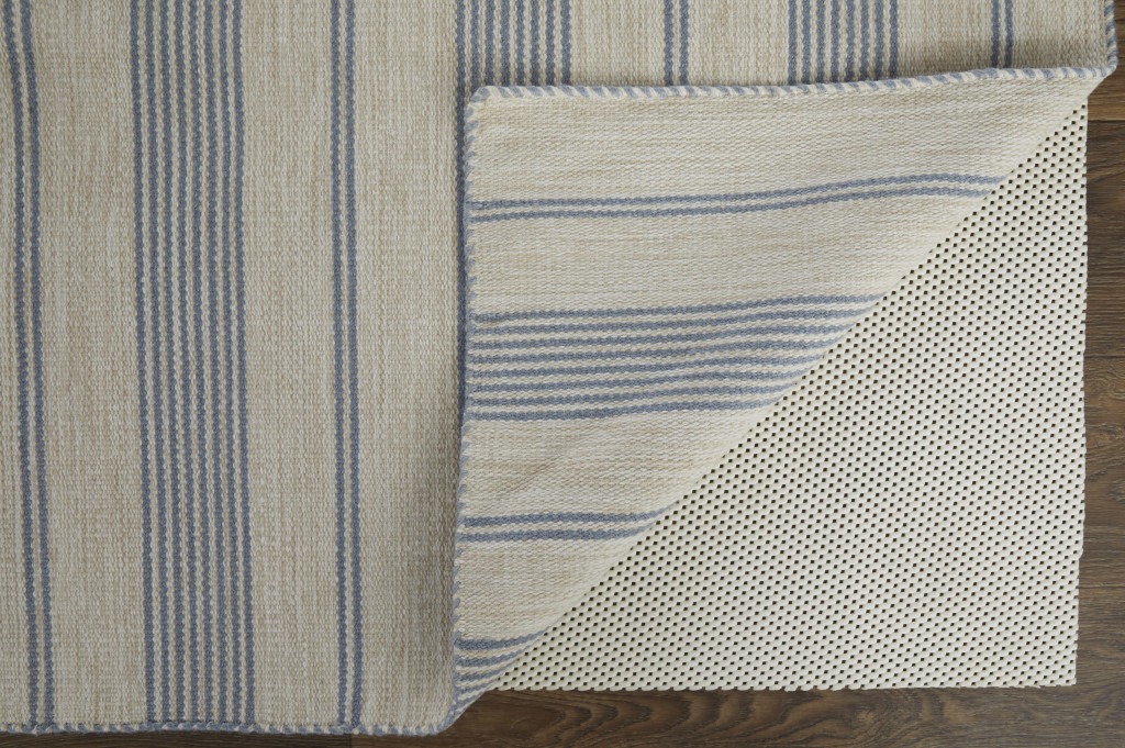 5" X 8" Blue Ivory And Tan Striped Dhurrie Hand Woven Stain Resistant Area Rug