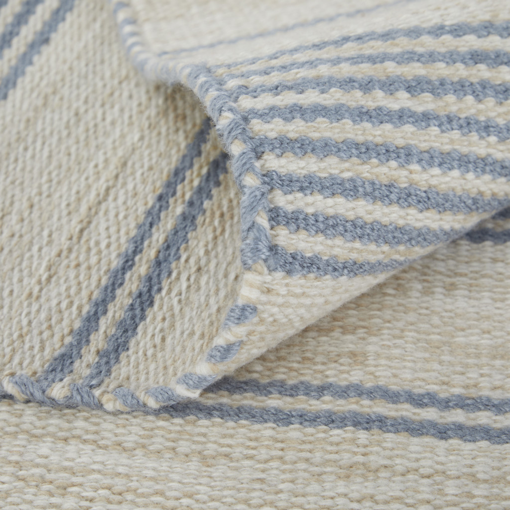 5" X 8" Blue Ivory And Tan Striped Dhurrie Hand Woven Stain Resistant Area Rug