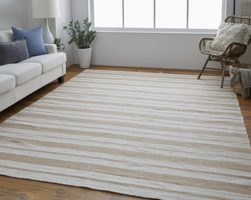 5" X 8" Ivory Taupe And Brown Striped Dhurrie Hand Woven Stain Resistant Area Rug