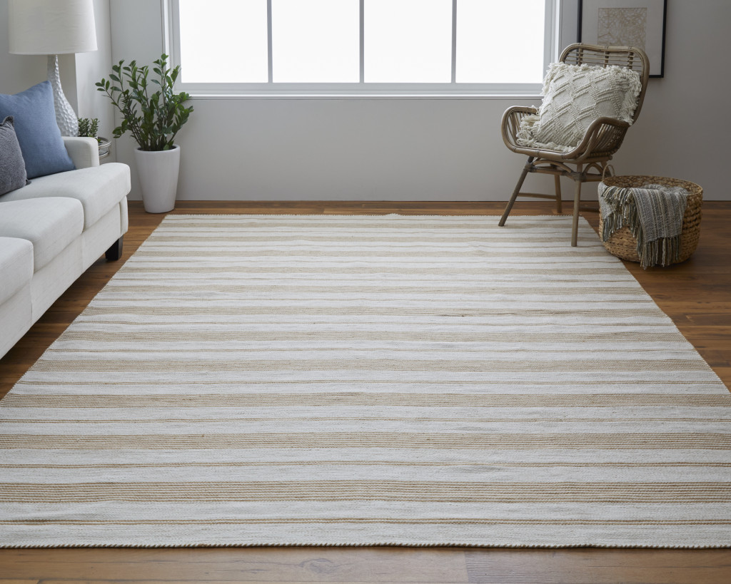 5" X 8" Ivory Taupe And Brown Striped Dhurrie Hand Woven Stain Resistant Area Rug