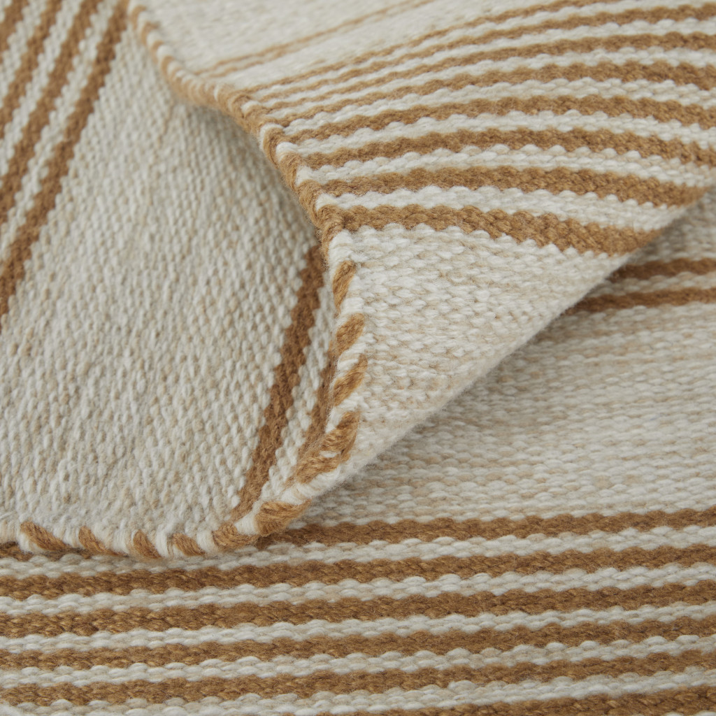 5" X 8" Ivory Taupe And Brown Striped Dhurrie Hand Woven Stain Resistant Area Rug
