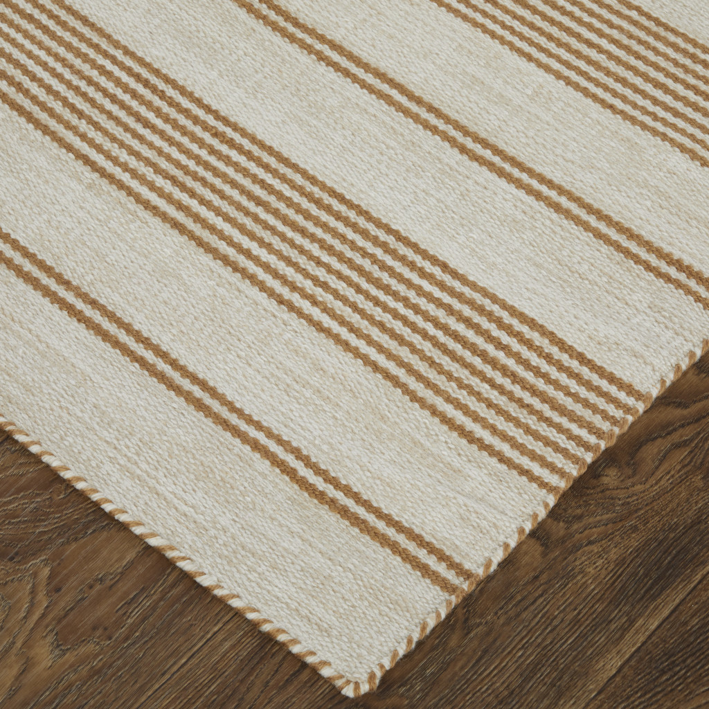 10 X 14 Ivory Taupe And Brown Striped Dhurrie Hand Woven Stain Resistant Area Rug