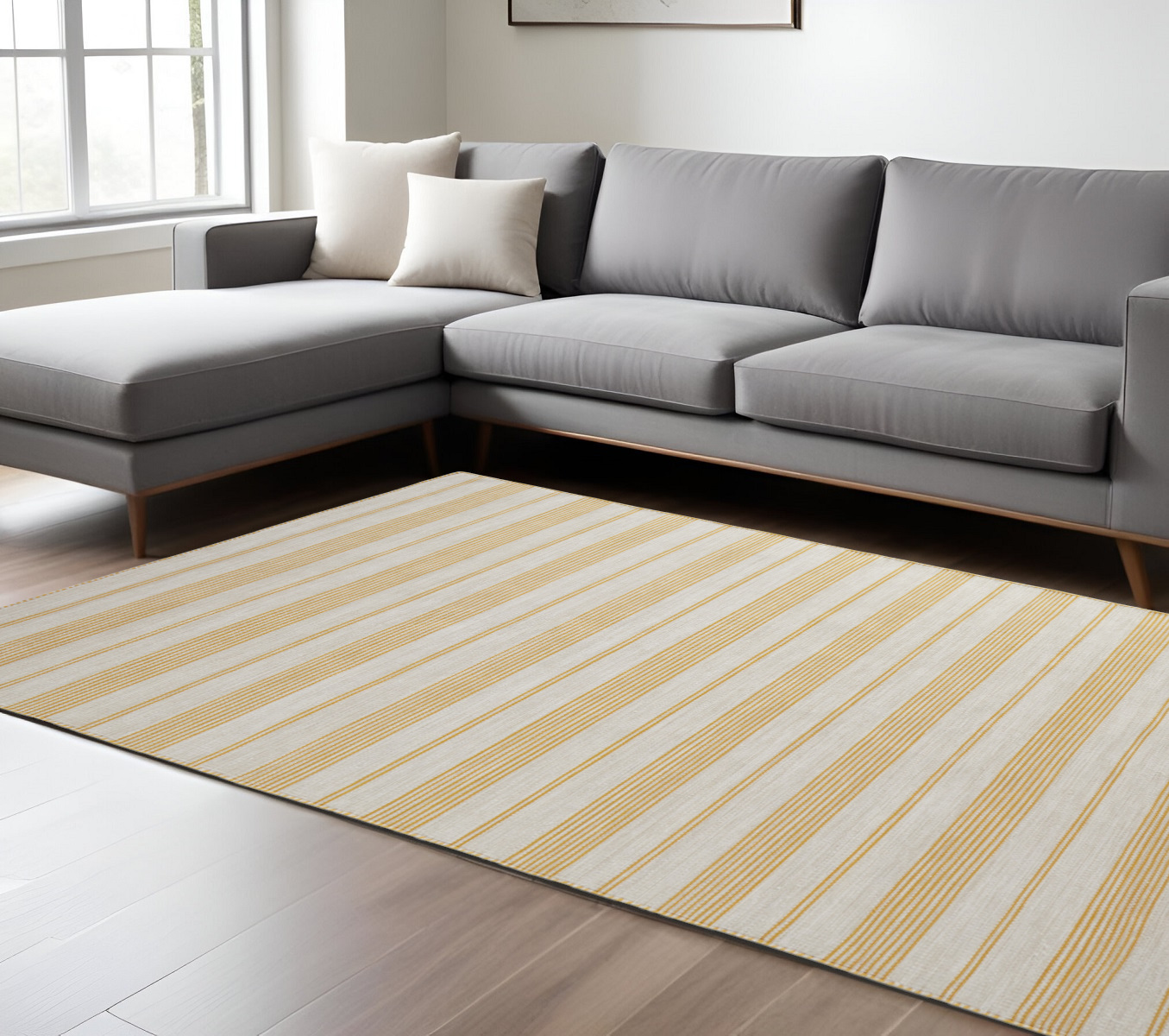 8" X 11" Yellow and Ivory Striped Hand Woven Area Rug