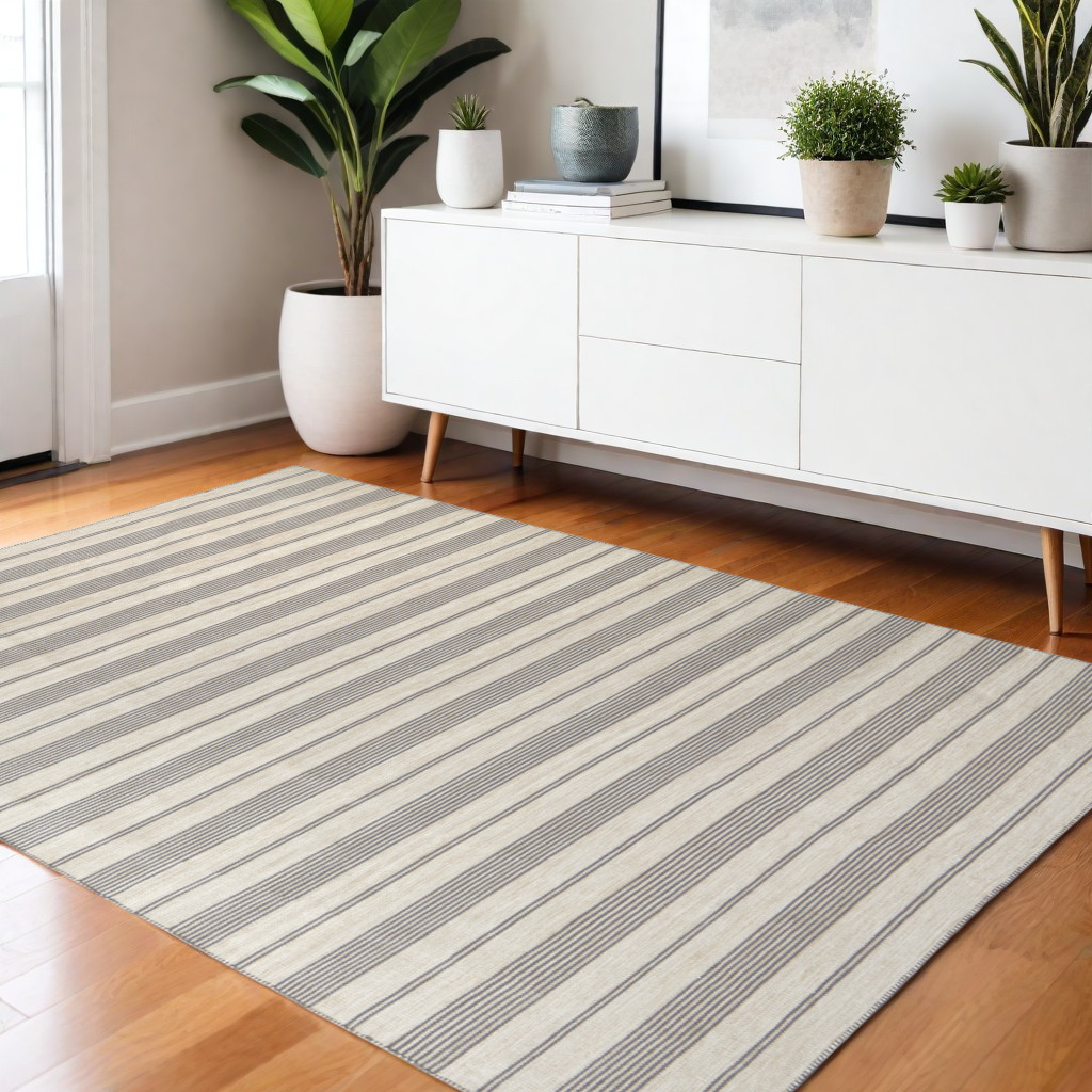4' X 6' Gray and Ivory Striped Hand Woven Area Rug-511672-1