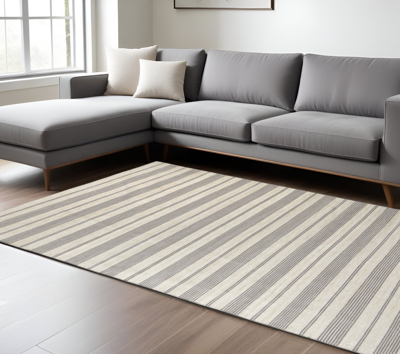 8' X 11' Gray and Ivory Striped Hand Woven Area Rug-511674-1