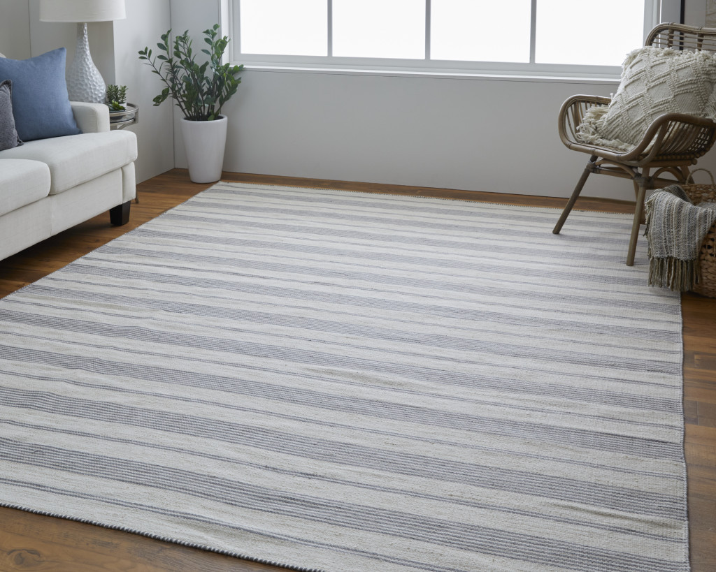 10 X 14 gray And Ivory Striped Dhurrie Hand Woven Stain Resistant Area Rug