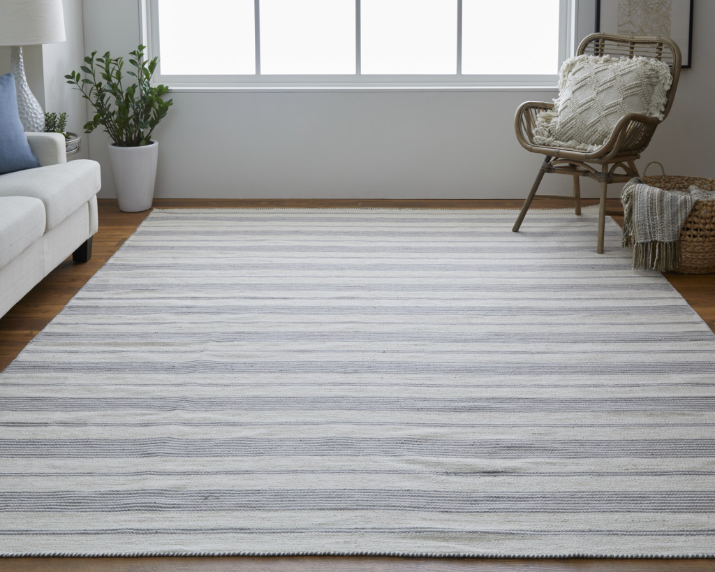 10 X 14 gray And Ivory Striped Dhurrie Hand Woven Stain Resistant Area Rug
