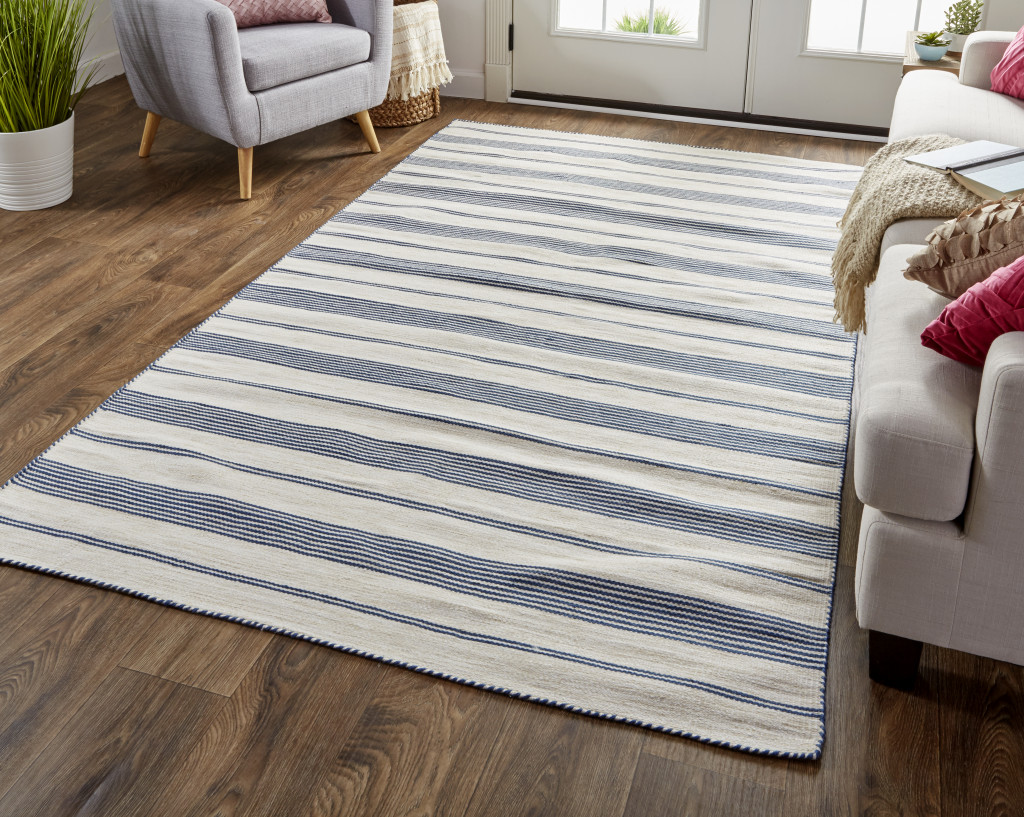 4" X 6" Blue and Ivory Striped Hand Woven Area Rug