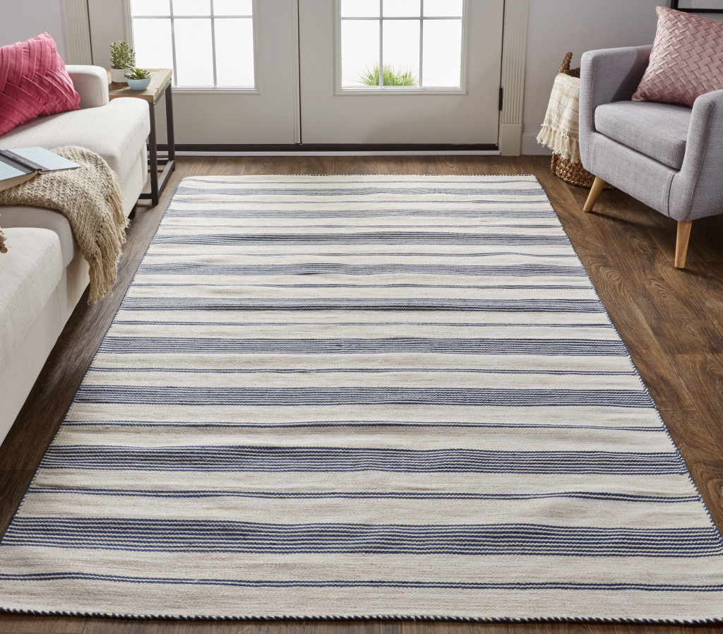 4" X 6" Blue and Ivory Striped Hand Woven Area Rug