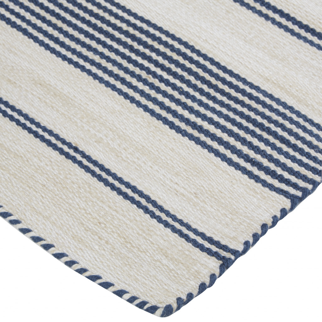 5 X 8 Blue And Ivory Striped Dhurrie Hand Woven Stain Resistant Area Rug