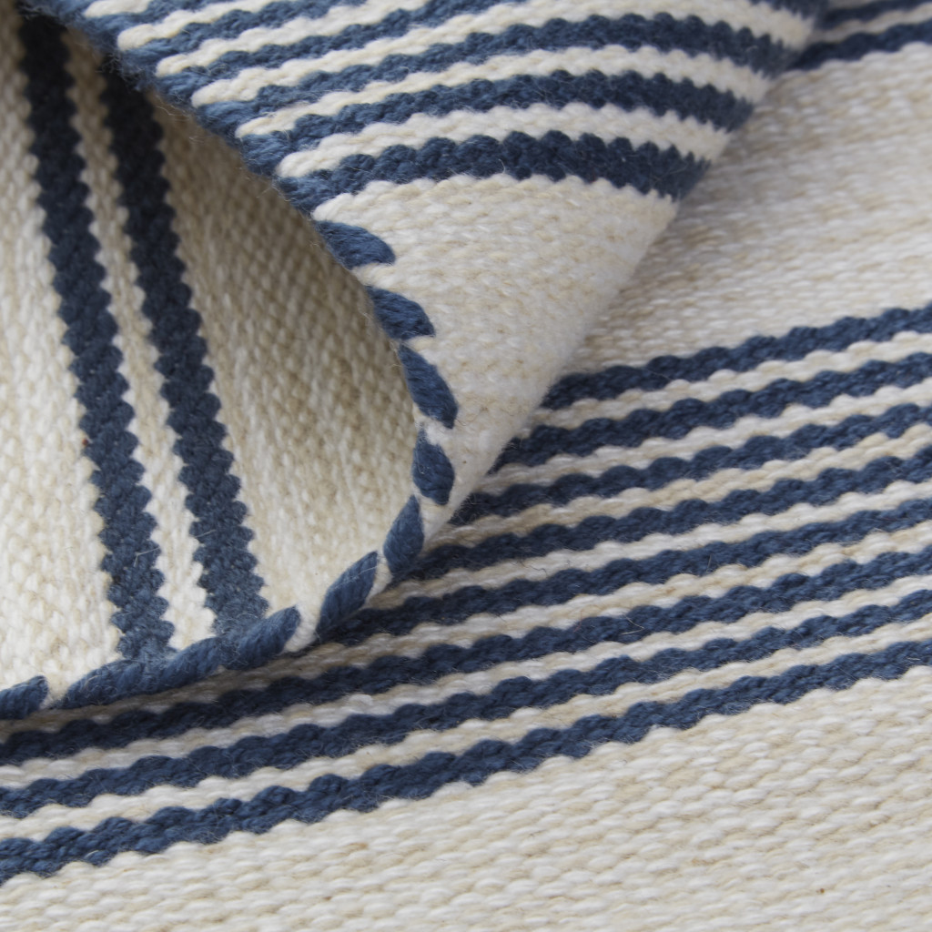5" X 8" Blue And Ivory Striped Dhurrie Hand Woven Stain Resistant Area Rug