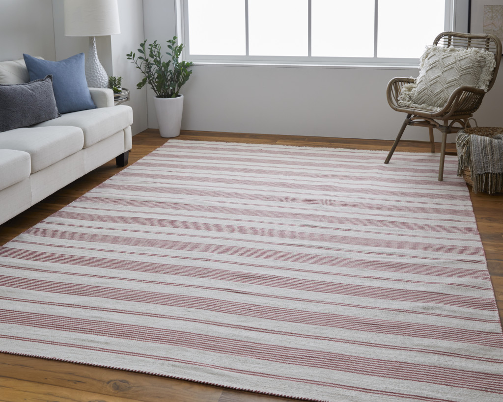 4" X 6" Red and Ivory Striped Hand Woven Area Rug