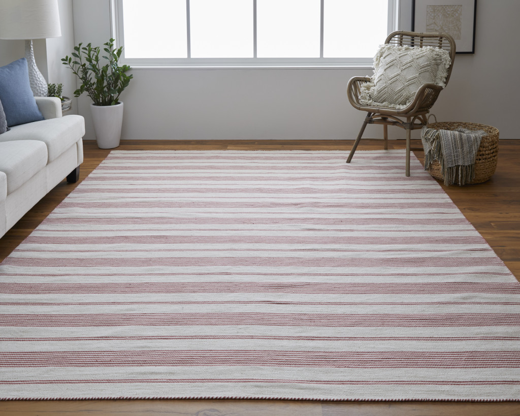 4" X 6" Red and Ivory Striped Hand Woven Area Rug