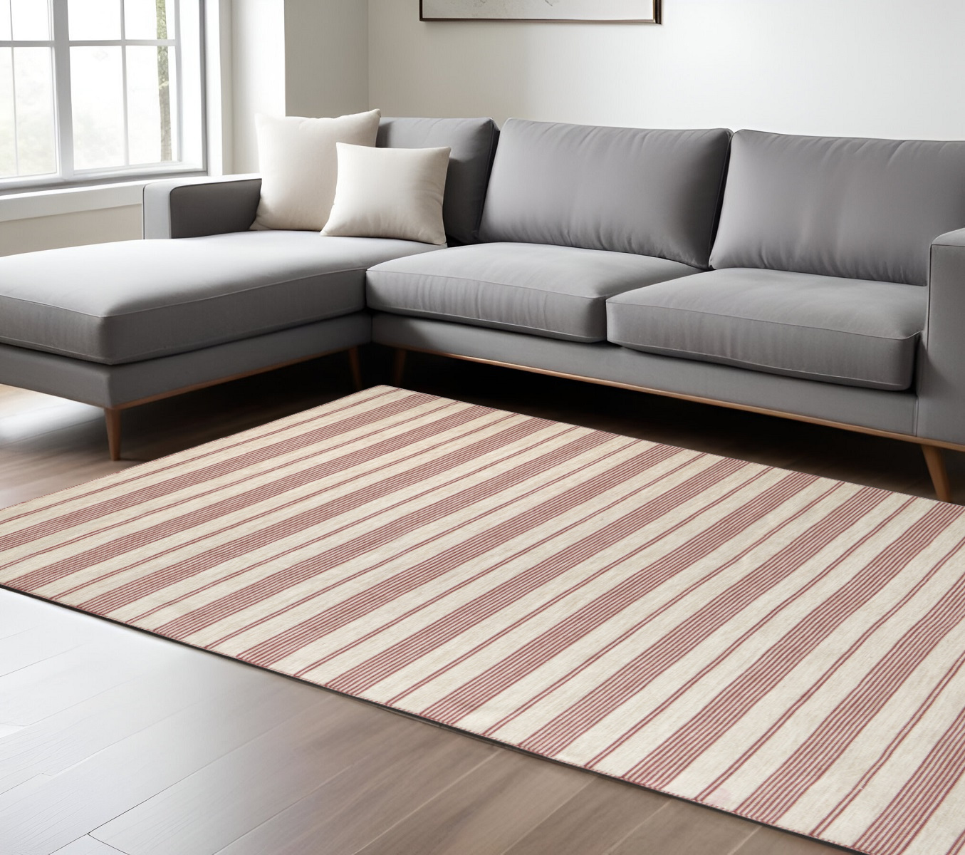 8" X 11" Red and Ivory Striped Hand Woven Area Rug