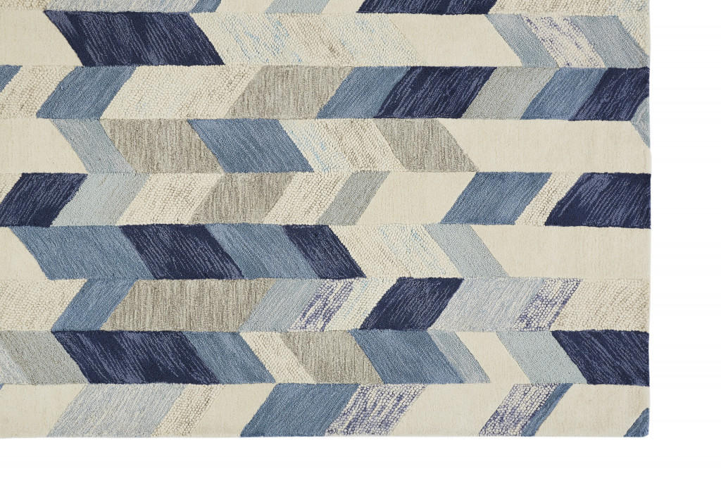 5 X 8 Blue Ivory And gray Wool geometric Tufted Handmade Area Rug