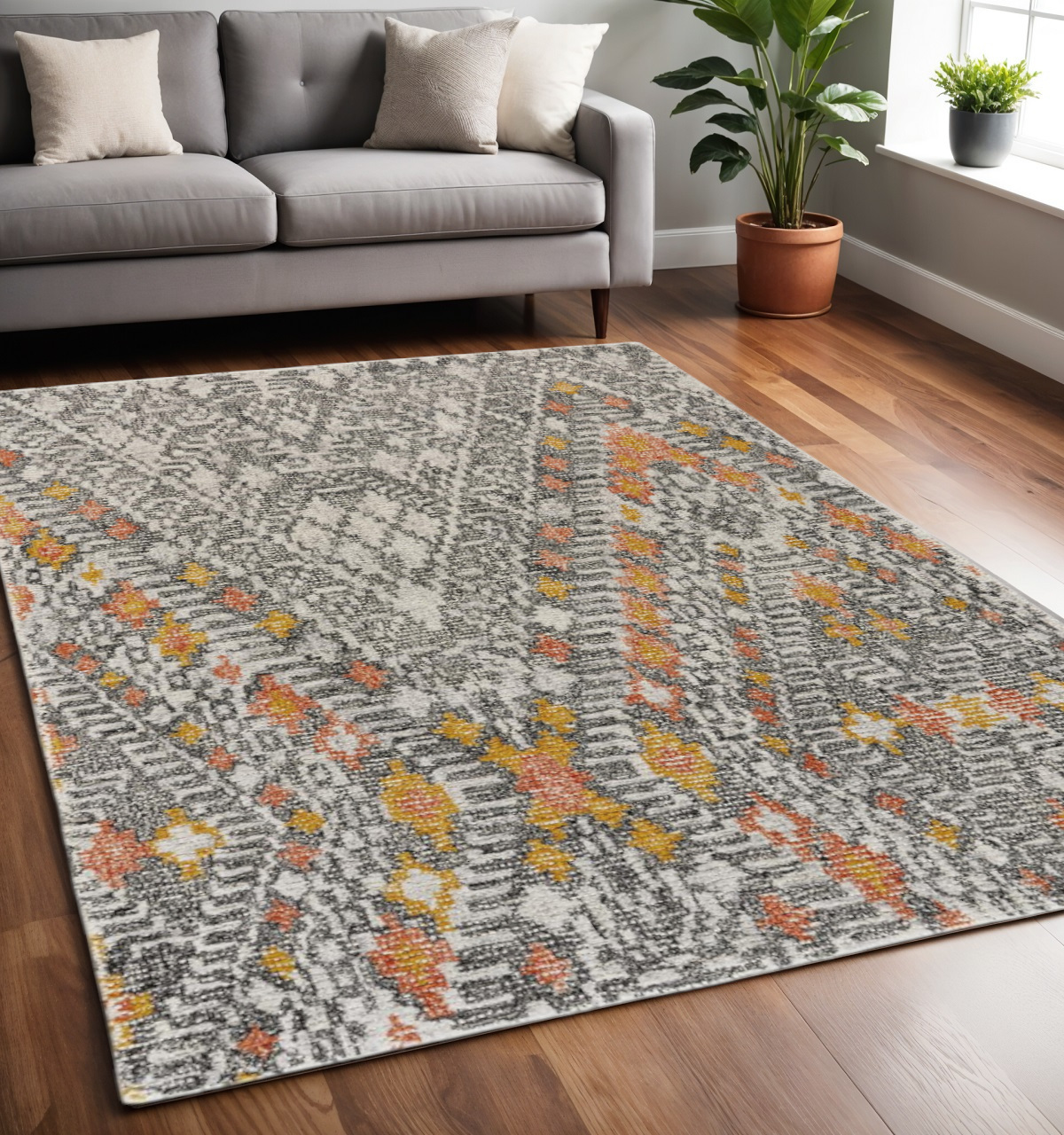 5" X 8" Gray and Ivory Wool Geometric Hand Tufted Area Rug