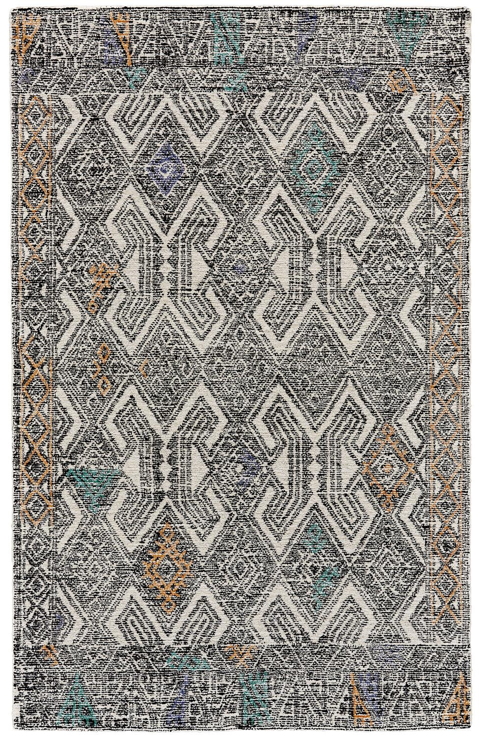 8" X 11" Black and Ivory Wool Geometric Handmade Distressed Area Rug