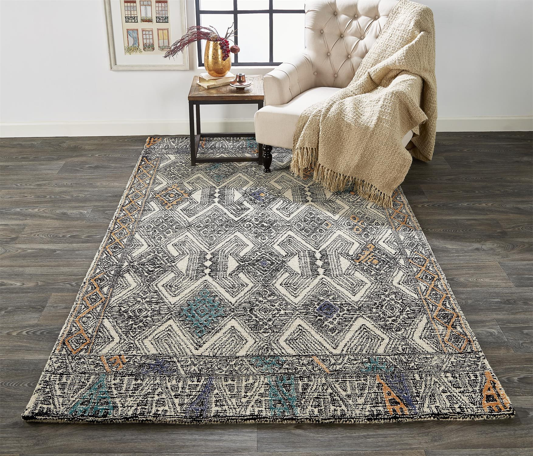 8" X 11" Black and Ivory Wool Geometric Handmade Distressed Area Rug
