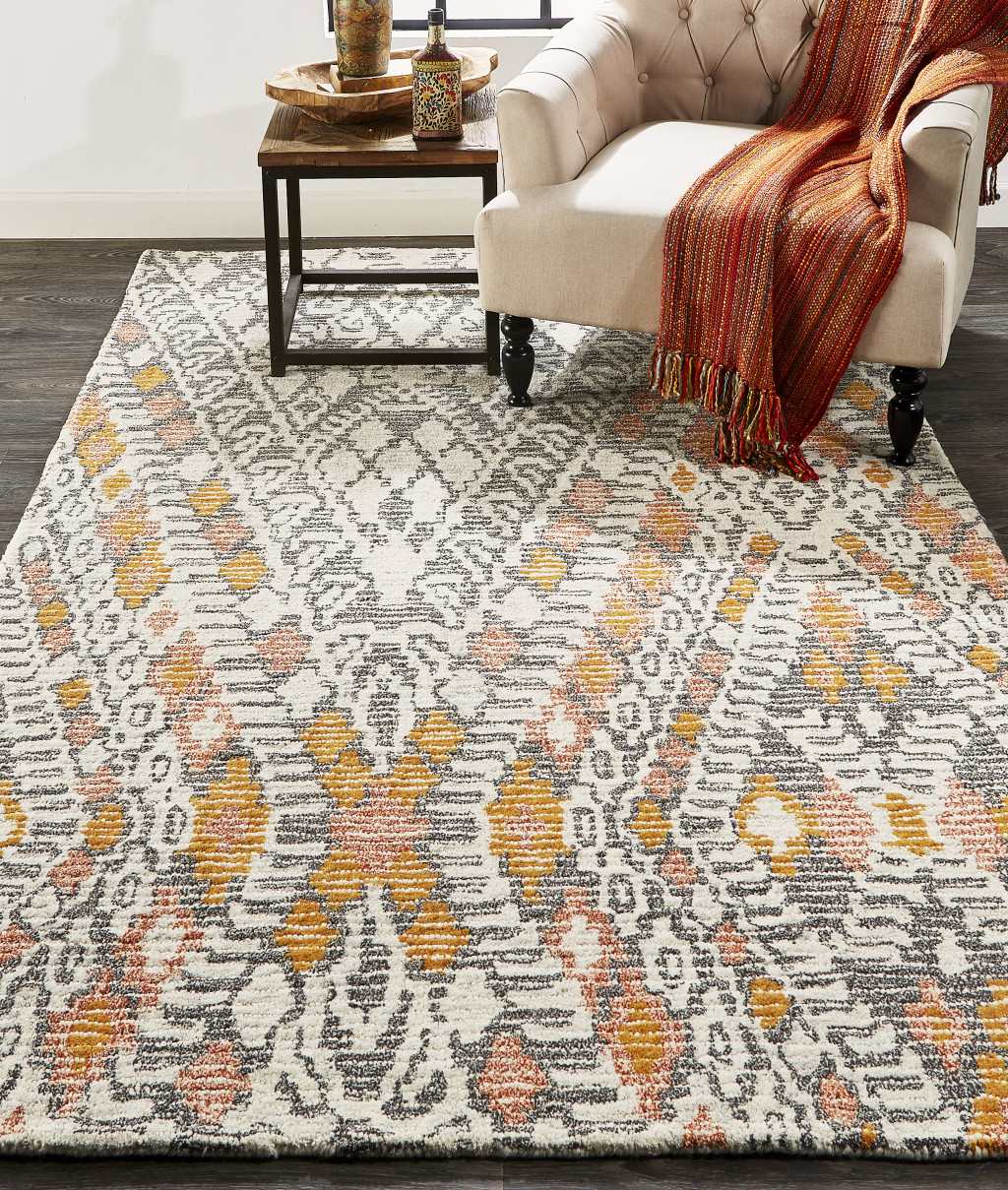 8" X 11" Black and Ivory Wool Geometric Handmade Distressed Area Rug