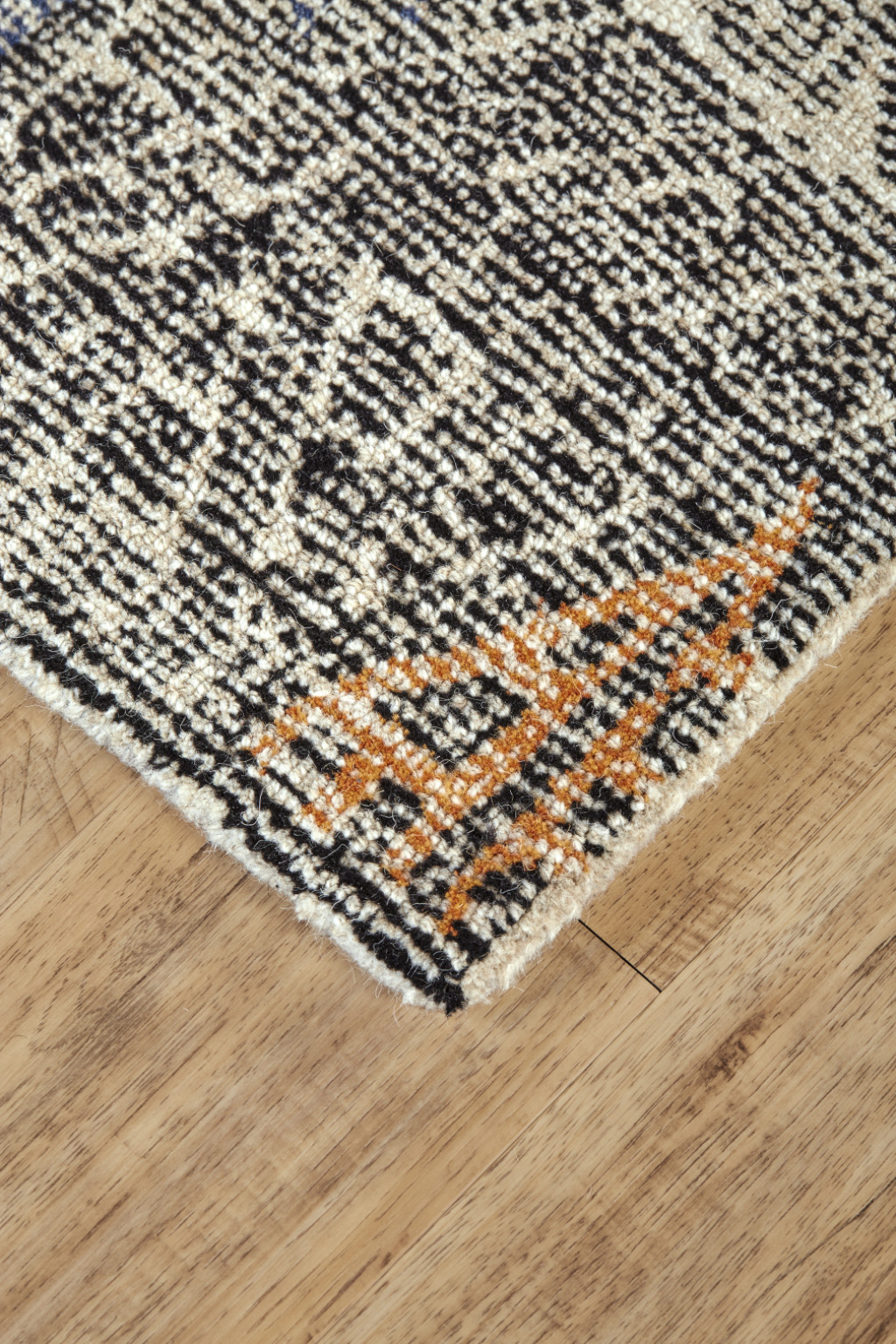 8" X 11" Black and Ivory Wool Geometric Handmade Distressed Area Rug