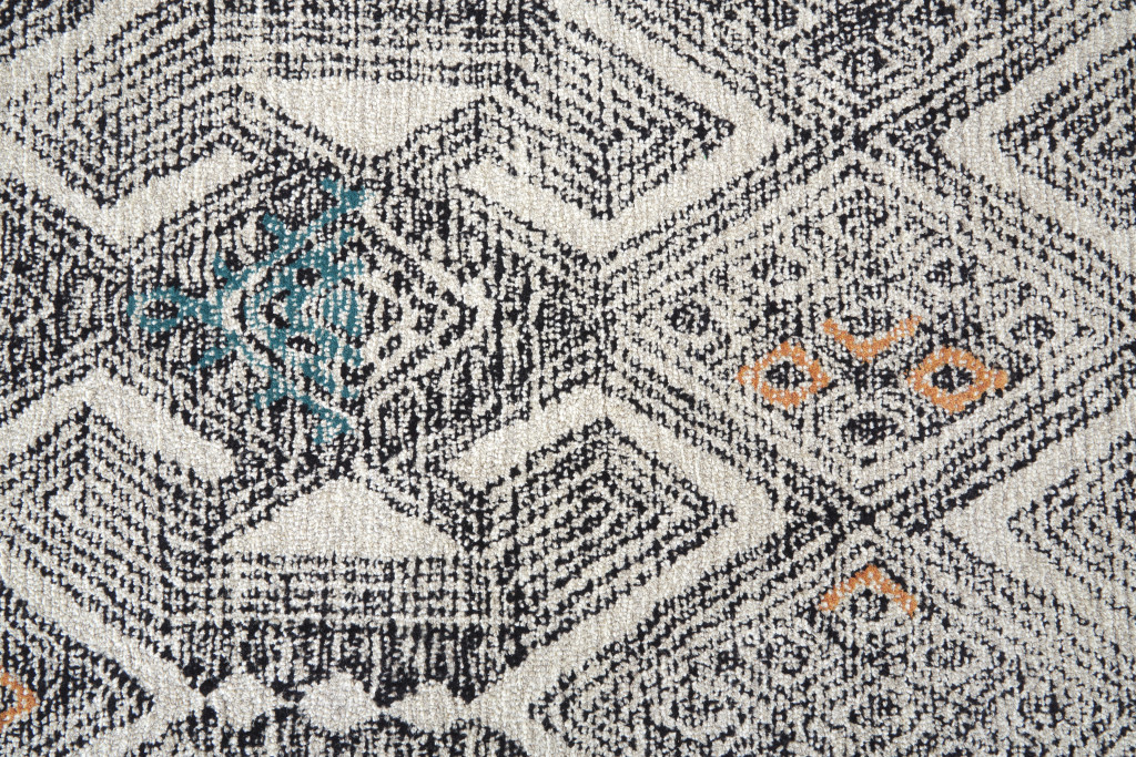 8" X 11" Black and Ivory Wool Geometric Handmade Distressed Area Rug