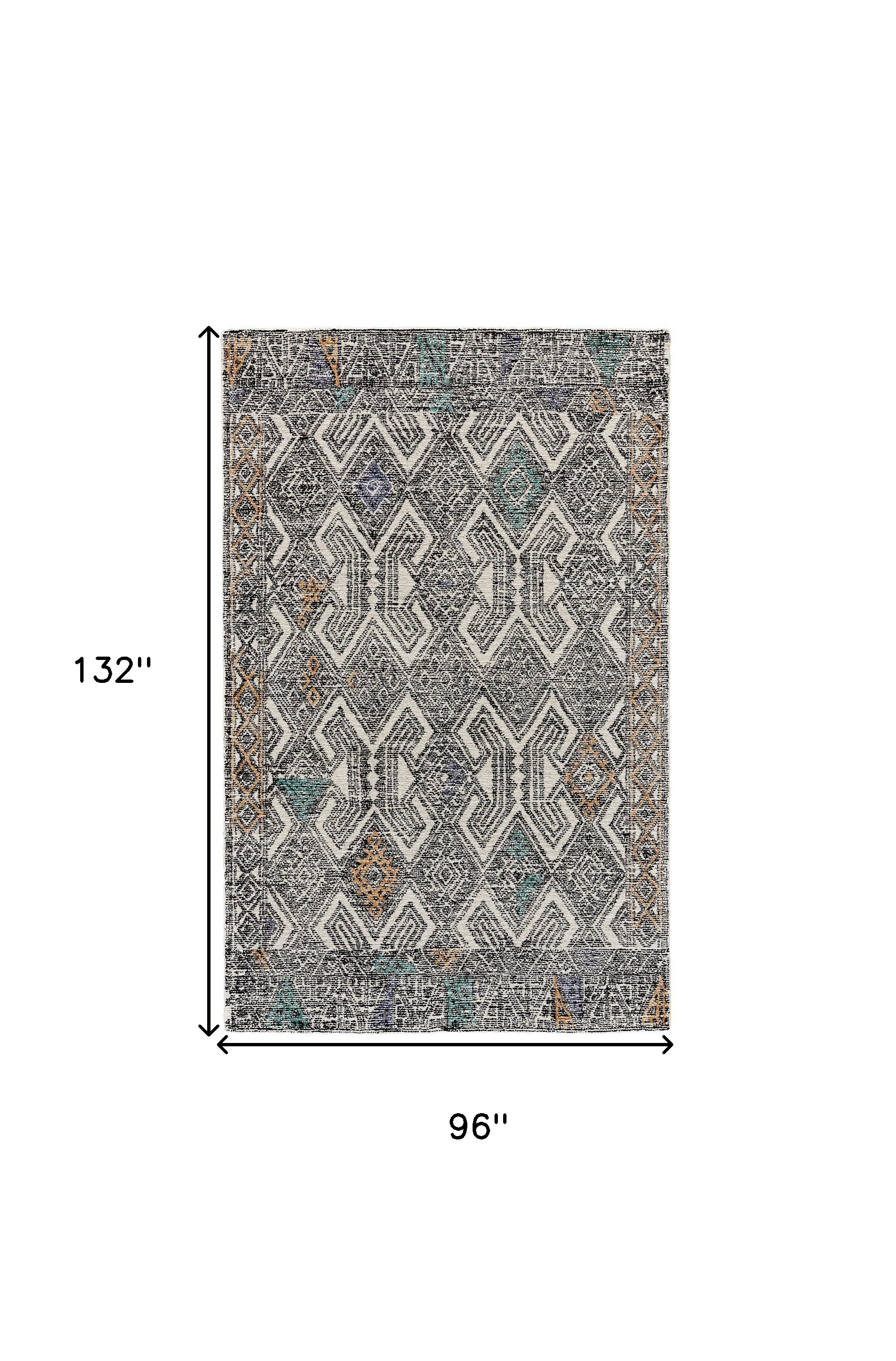 8" X 11" Black and Ivory Wool Geometric Handmade Distressed Area Rug