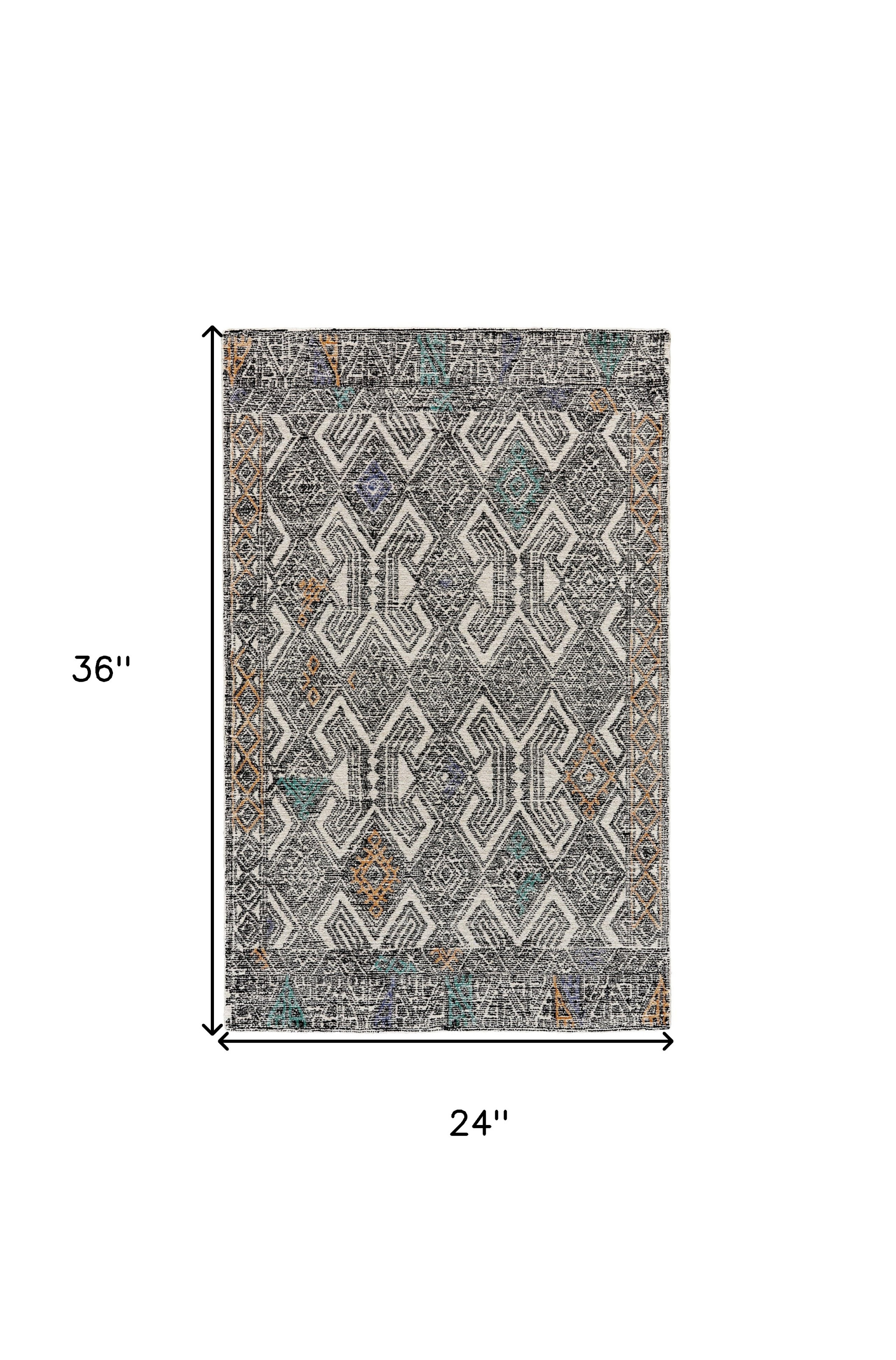 2" X 3" Black and Ivory Wool Chevron Hand Tufted Distressed Area Rug