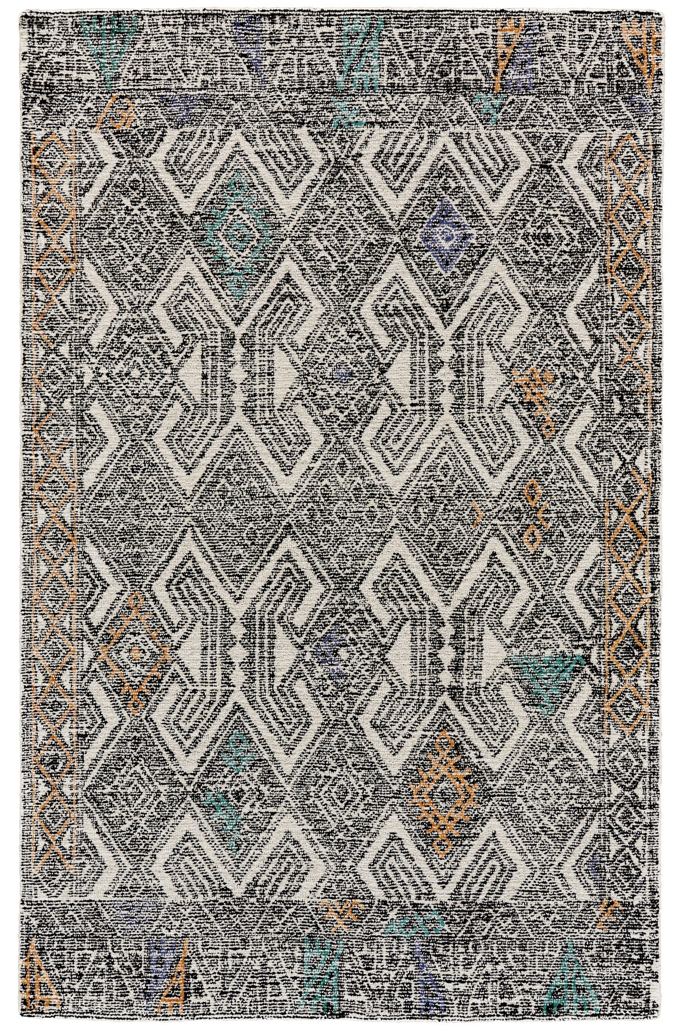 2" X 3" Black and Ivory Wool Chevron Hand Tufted Distressed Area Rug