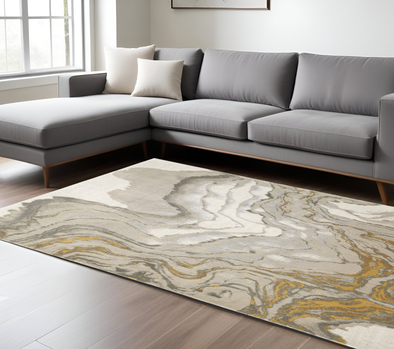 7" X 10" Gold Ivory and Gray Abstract Area Rug