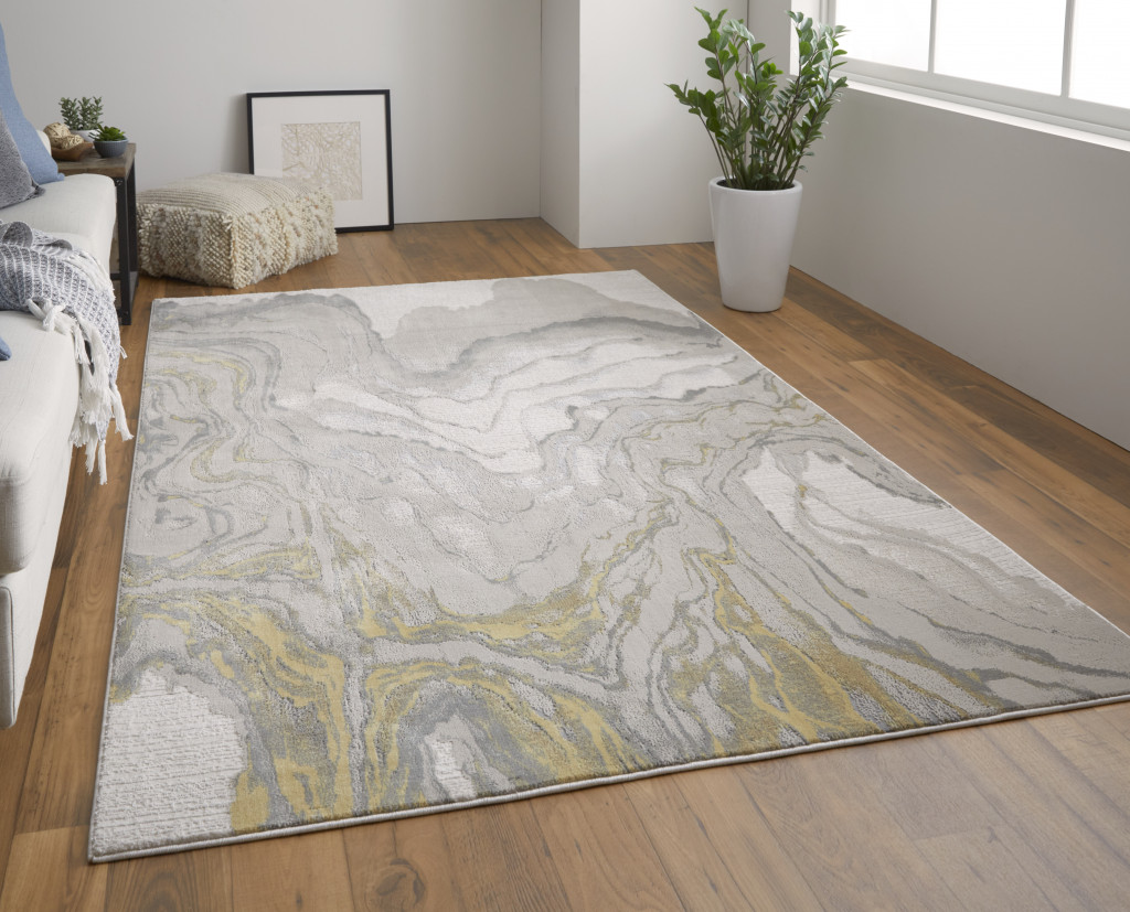 7" X 10" Gold Ivory and Gray Abstract Area Rug