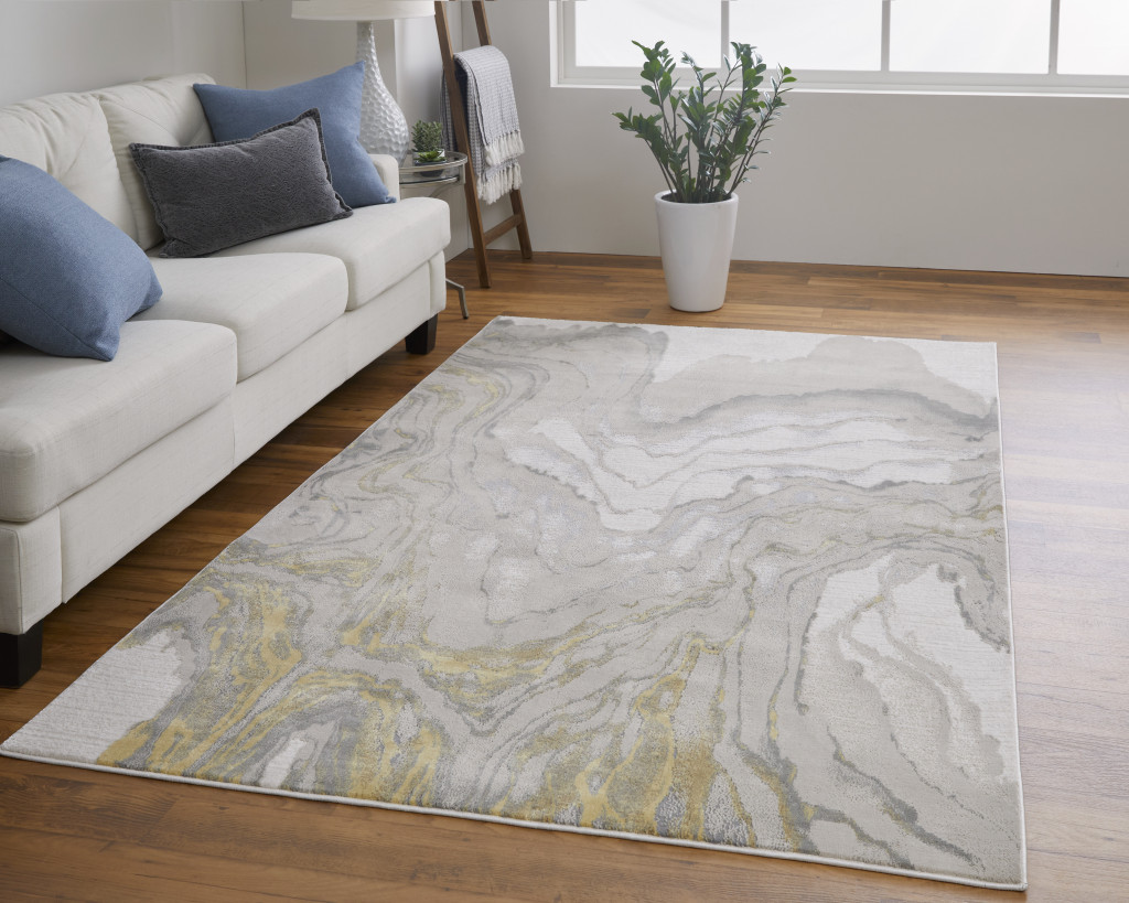 7" X 10" Gold Ivory and Gray Abstract Area Rug
